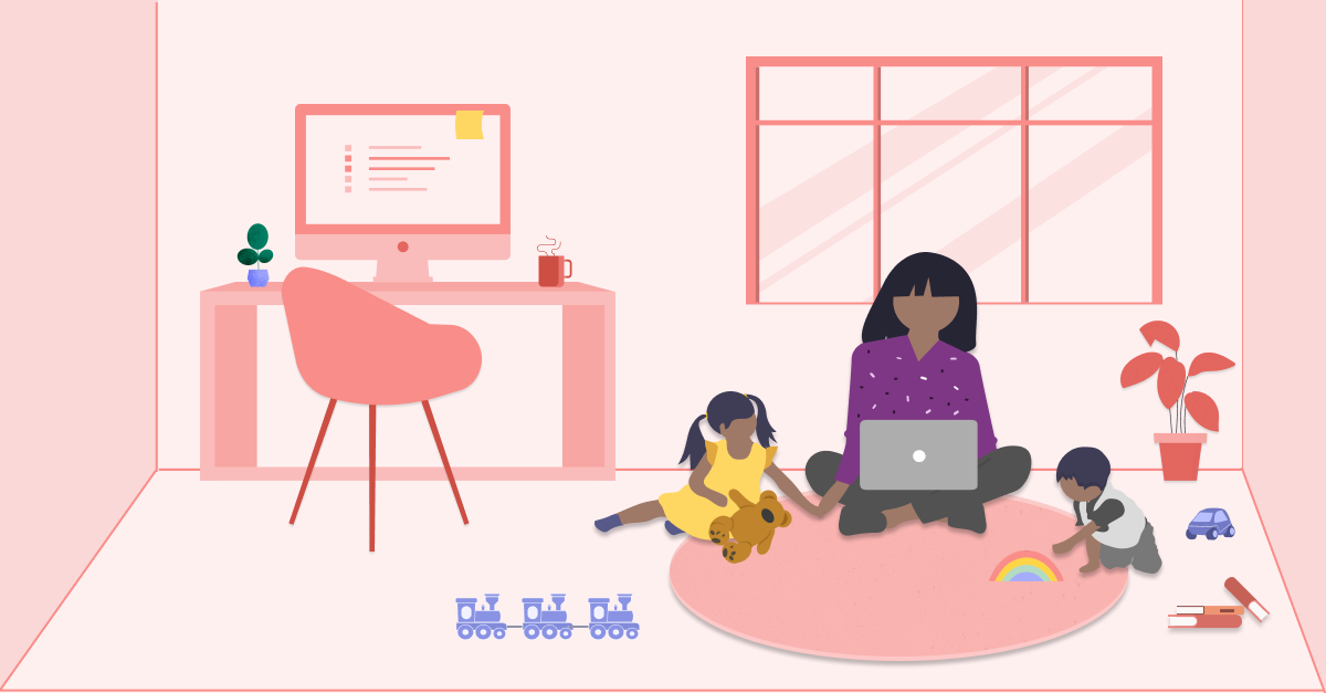 An illustration of a woman sitting on the floor at home with two small children. The children are playing while she works on a laptop.